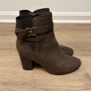 Women's Dark Brown Suede Ankle Booties with Block Heel and Buckle Strap